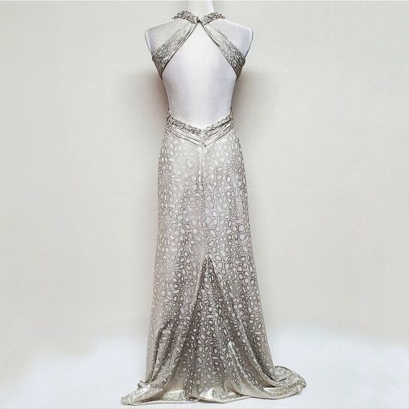 SATIN Snakeskin Silver Sequin Beaded Backless Side Slit Racerback Maxi Dress XS - Picture 12 of 16